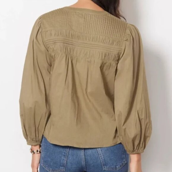 Cleobella River Organic Cotton Pintuck Puff Sleeve Button Up Blouse Olive Green - Picture 2 of 11